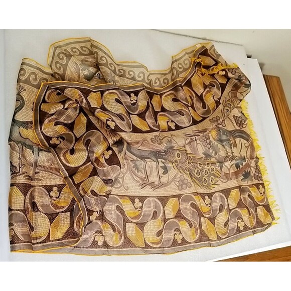 Pure silk scarf rolled edges Peacock Design rectangle 64" x 13.25"       H1 - Picture 2 of 8